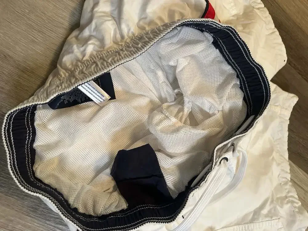 Tommy Hilfiger Men's White Cargo Swim Trunks with Red and Navy Side Stripe